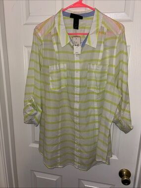 Lane Bryant Light Green Striped Woman’s Button-Up Shirt